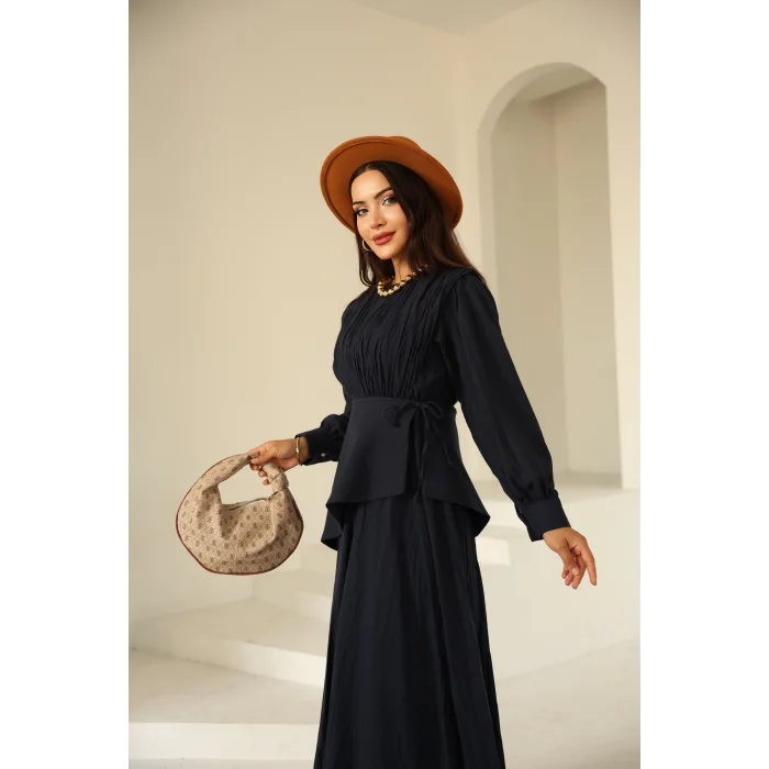 Kraşlı Vual Elbise Lacivert