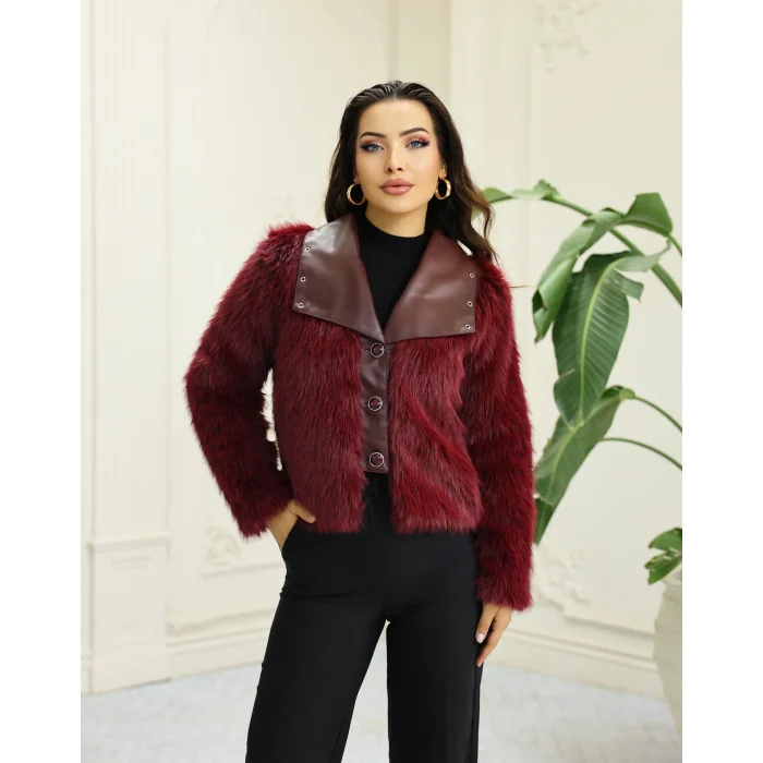 Kuşgözü Detaylı Geniş Yaka Deri&Kürk Bordo