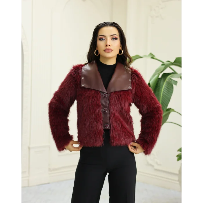 Kuşgözü Detaylı Geniş Yaka Deri&Kürk Bordo