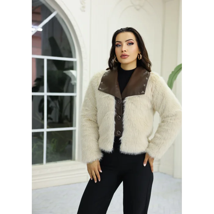 Kuşgözü Detaylı Geniş Yaka Deri&Kürk Krem