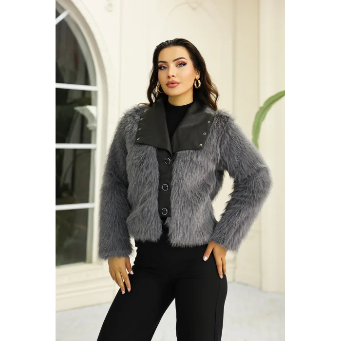 Kuşgözü Detaylı Geniş Yaka Deri&Kürk Gri