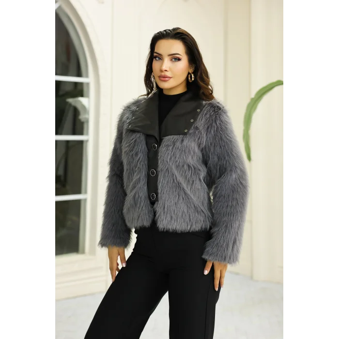 Kuşgözü Detaylı Geniş Yaka Deri&Kürk Gri