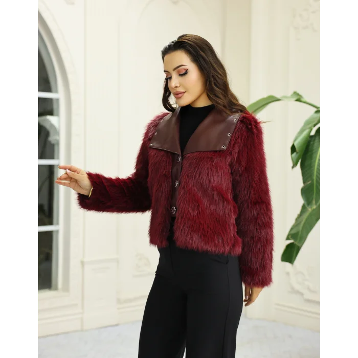 Kuşgözü Detaylı Geniş Yaka Deri&Kürk Bordo