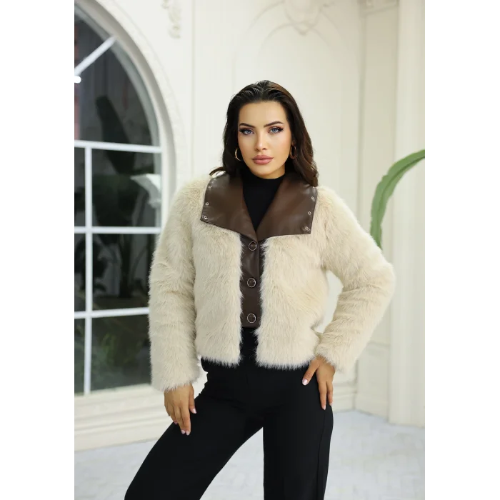 Kuşgözü Detaylı Geniş Yaka Deri&Kürk Krem