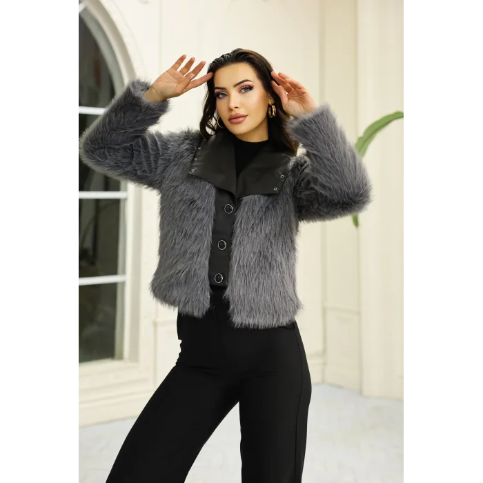 Kuşgözü Detaylı Geniş Yaka Deri&Kürk Gri