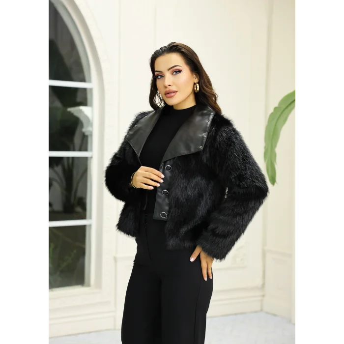 Kuşgözü Detaylı Geniş Yaka Deri&Kürk Siyah