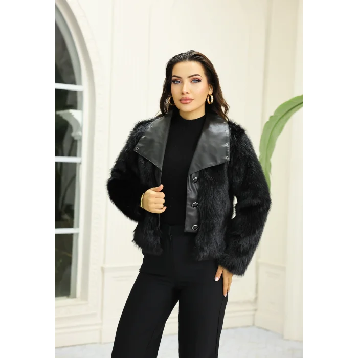 Kuşgözü Detaylı Geniş Yaka Deri&Kürk Siyah