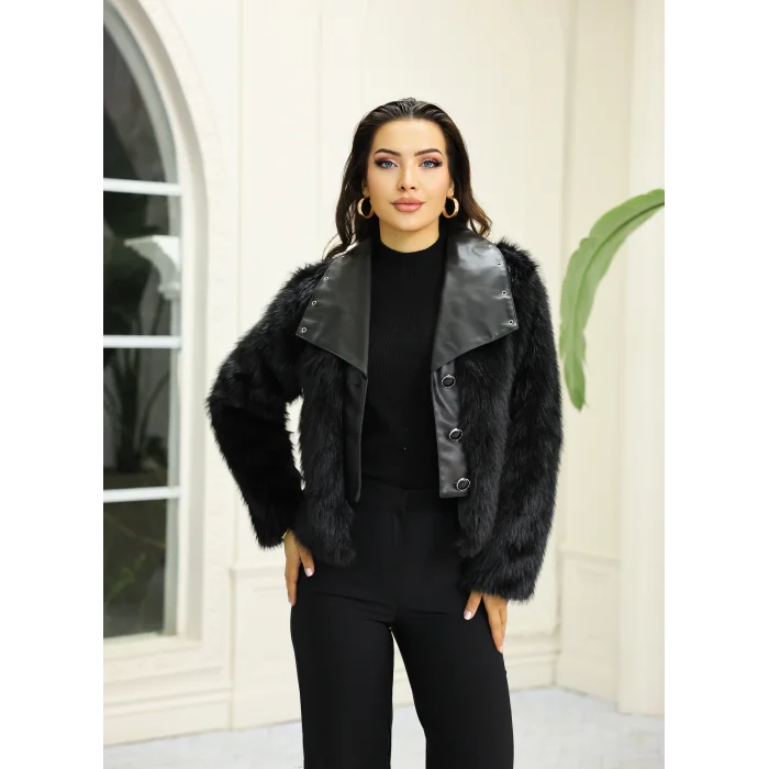 Kuşgözü Detaylı Geniş Yaka Deri&Kürk Siyah