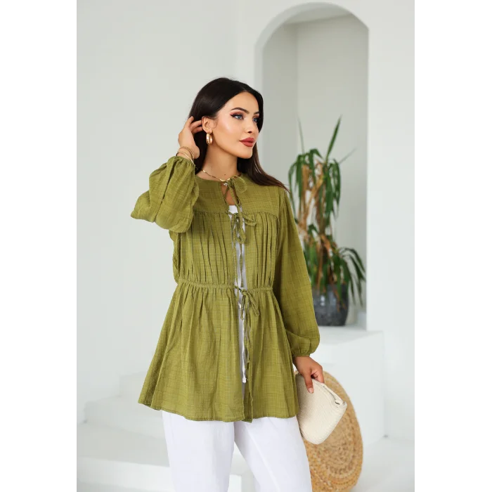 Ön Büzgülü Uzun Tunik Yağ Yeşili