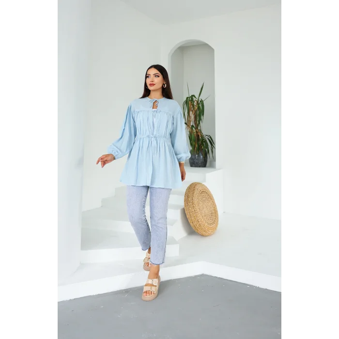 Ön Büzgülü Uzun Tunik Mavi