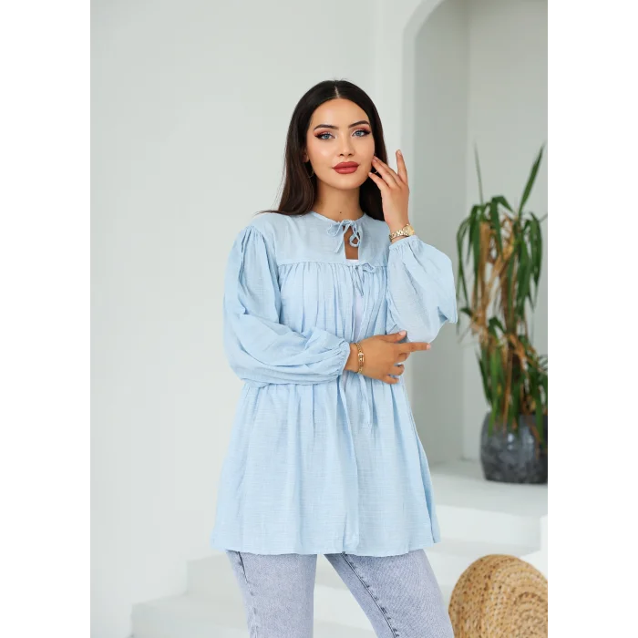 Ön Büzgülü Uzun Tunik Mavi