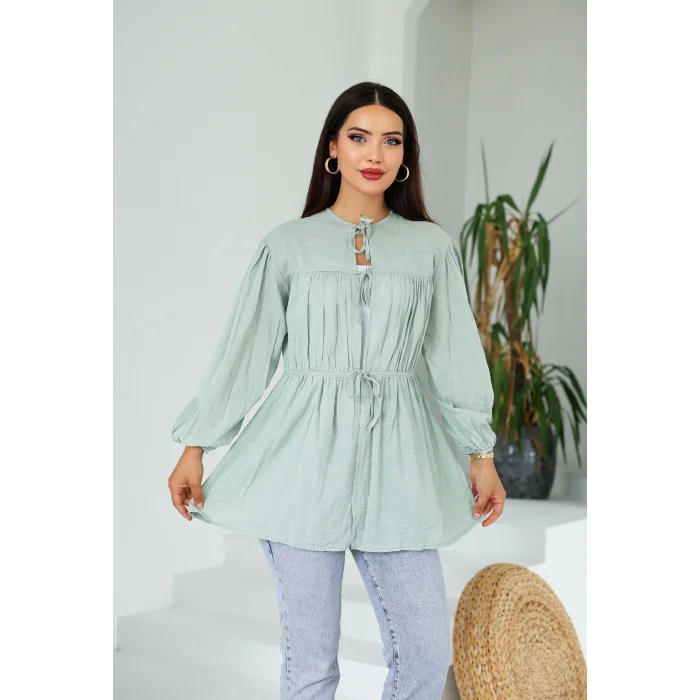 Ön Büzgülü Uzun Tunik Çağla