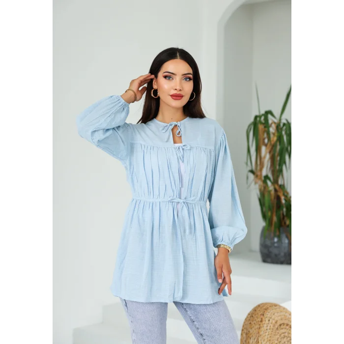 Ön Büzgülü Uzun Tunik Mavi