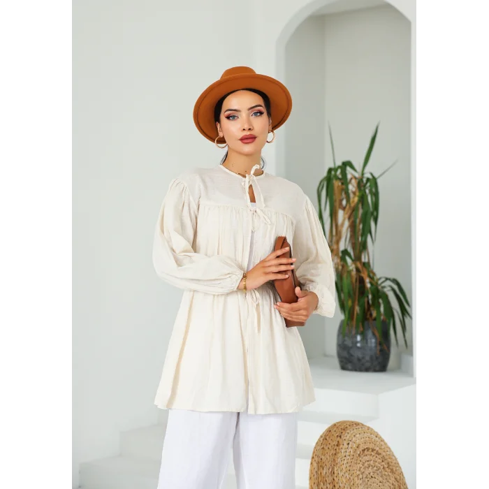 Ön Büzgülü Uzun Tunik Ekru