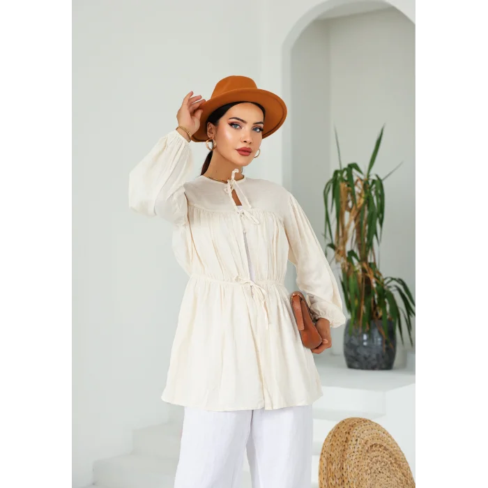 Ön Büzgülü Uzun Tunik Ekru