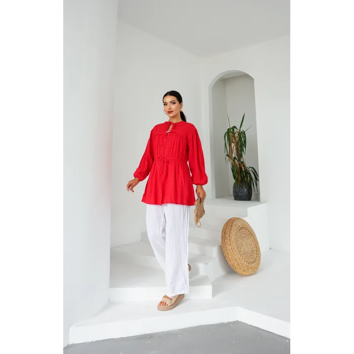 Ön Büzgülü Uzun Tunik Kırmızı