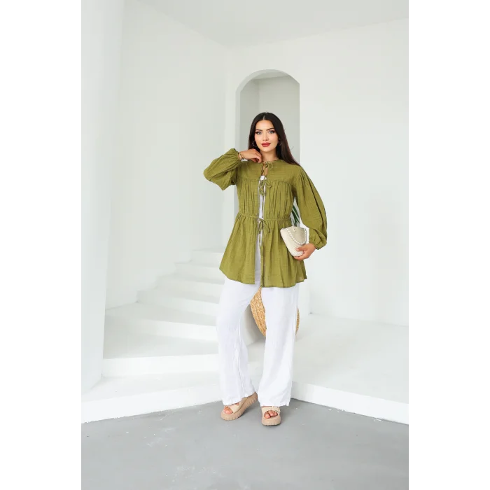 Ön Büzgülü Uzun Tunik Yağ Yeşili