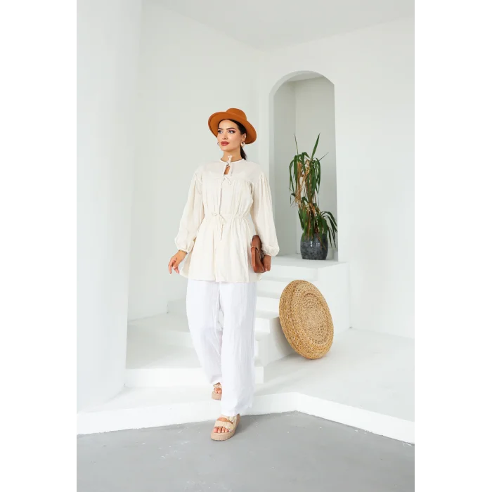 Ön Büzgülü Uzun Tunik Ekru