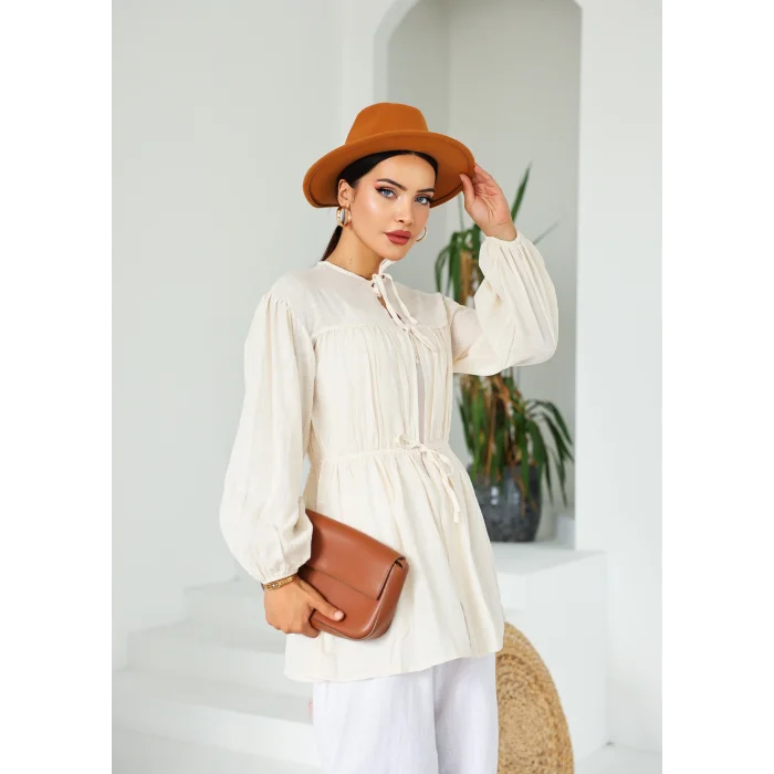 Ön Büzgülü Uzun Tunik Ekru