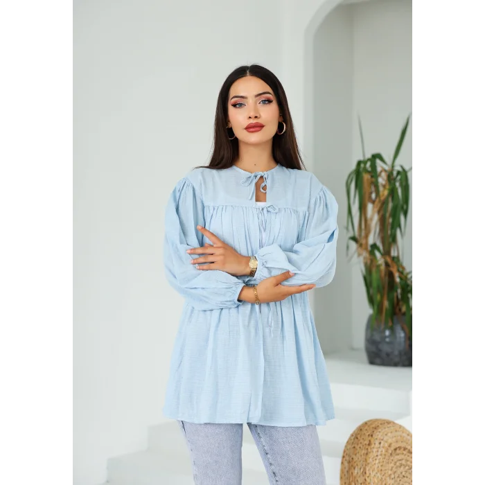 Ön Büzgülü Uzun Tunik Mavi