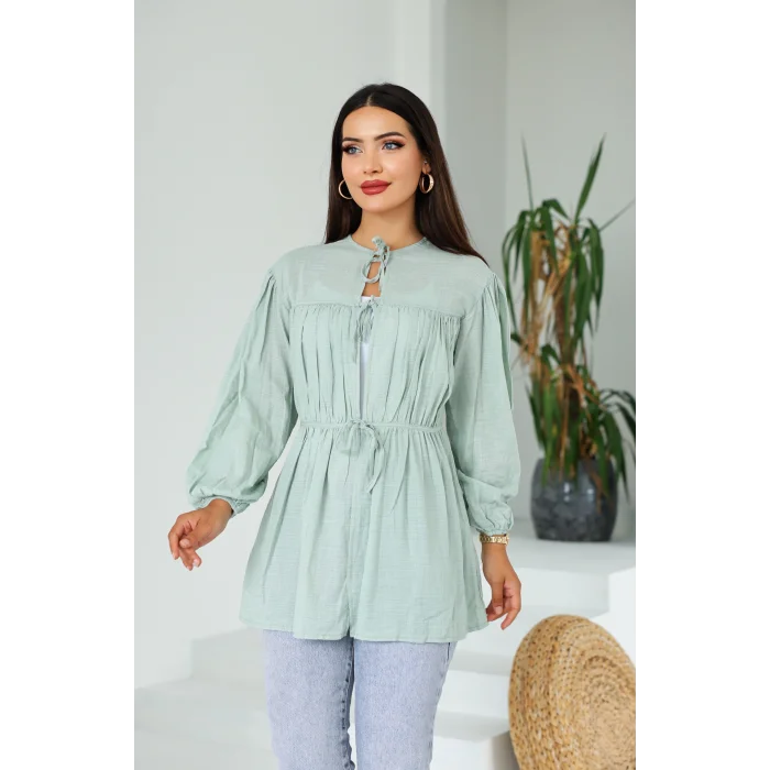 Ön Büzgülü Uzun Tunik Çağla