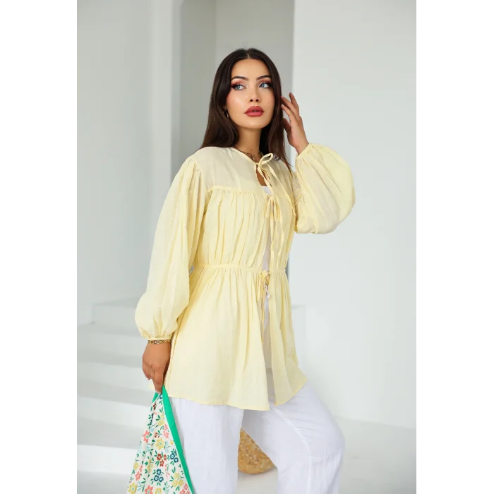 Ön Büzgülü Uzun Tunik Limon