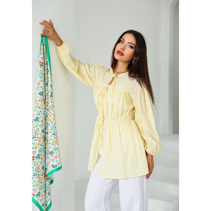 Ön Büzgülü Uzun Tunik Limon