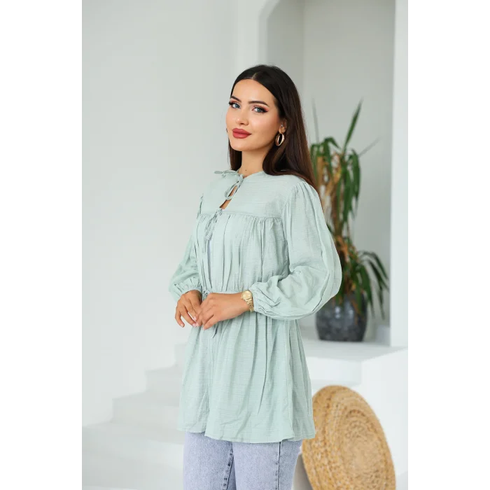 Ön Büzgülü Uzun Tunik Çağla