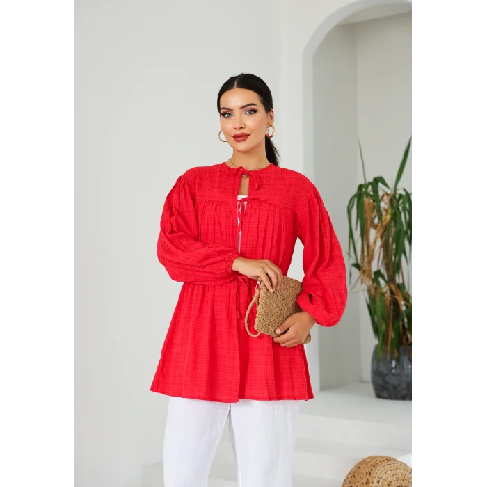 Ön Büzgülü Uzun Tunik Kırmızı