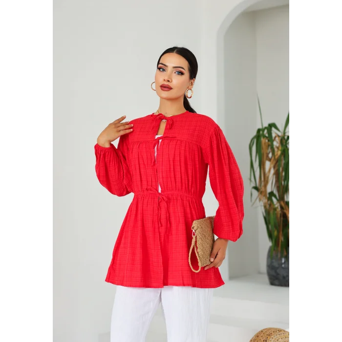 Ön Büzgülü Uzun Tunik Kırmızı