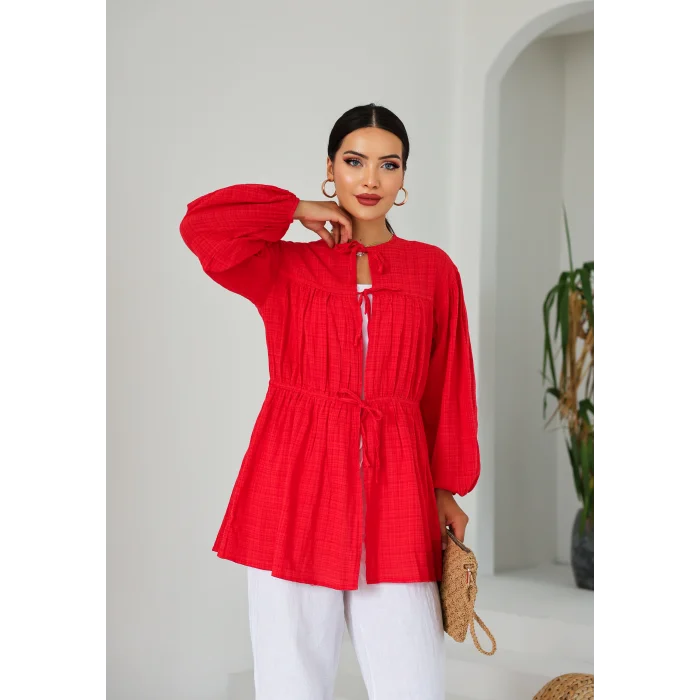 Ön Büzgülü Uzun Tunik Kırmızı