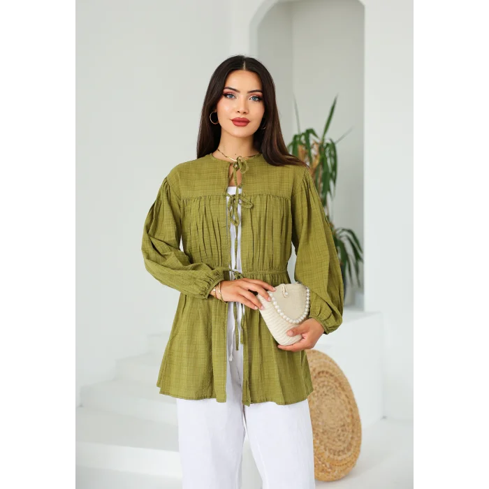 Ön Büzgülü Uzun Tunik Yağ Yeşili