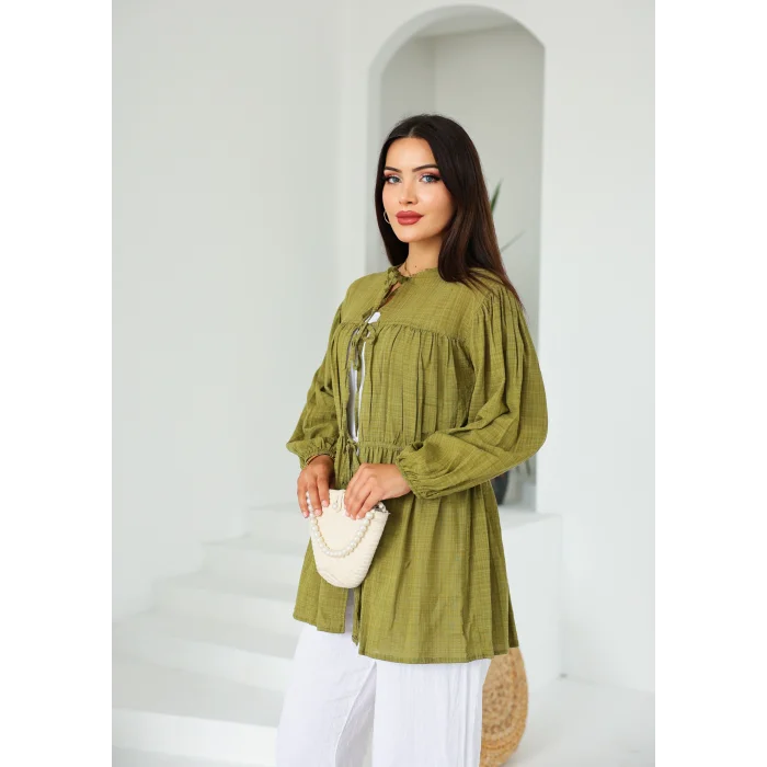 Ön Büzgülü Uzun Tunik Yağ Yeşili