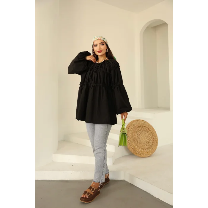 Papatyalı Flower Tunik Siyah