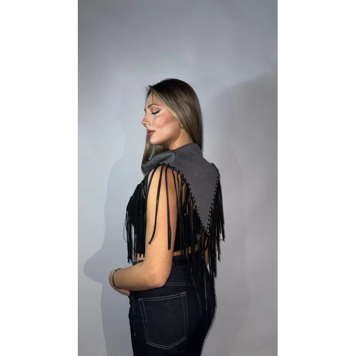 Saçak Detaylı Premium Şal Yaka Gri