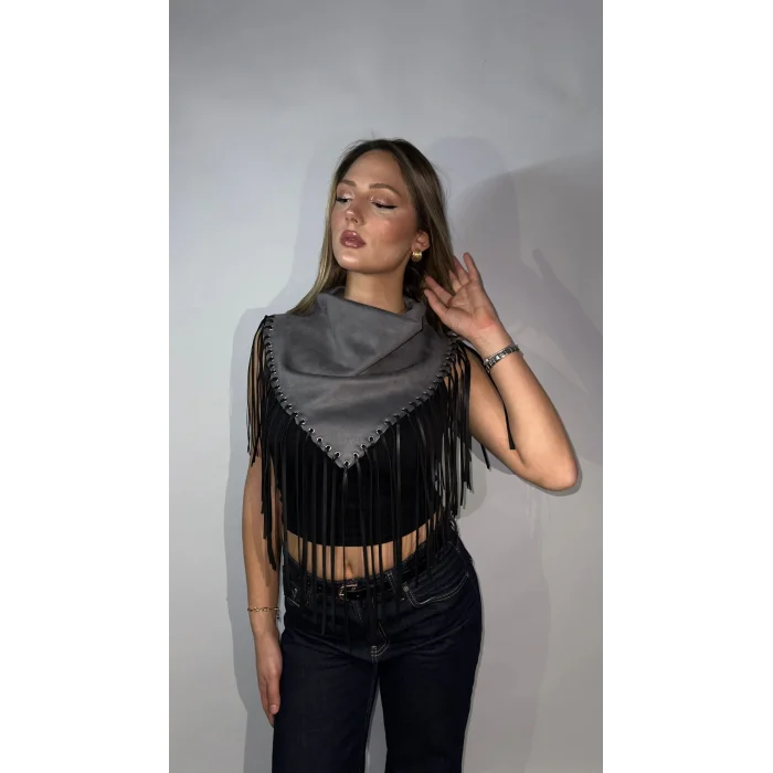 Saçak Detaylı Premium Şal Yaka Gri