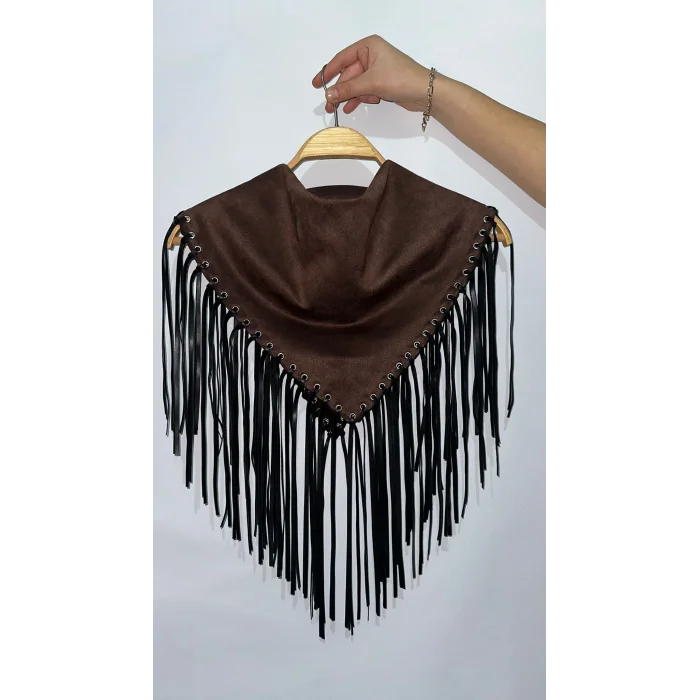 Saçak Detaylı Premium Şal Yaka Kahverengi