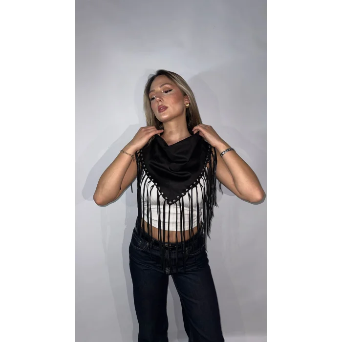 Saçak Detaylı Premium Şal Yaka Siyah