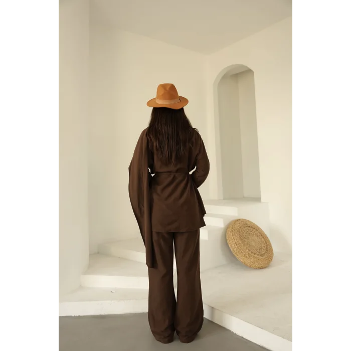Şal Detay Pantolonlu Keten Takım Acı Kahve