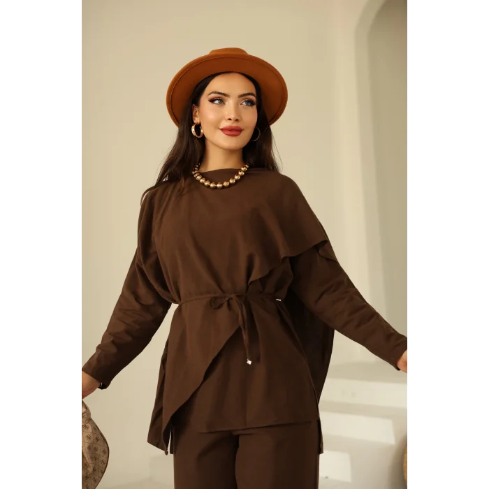 Şal Detay Pantolonlu Keten Takım Acı Kahve