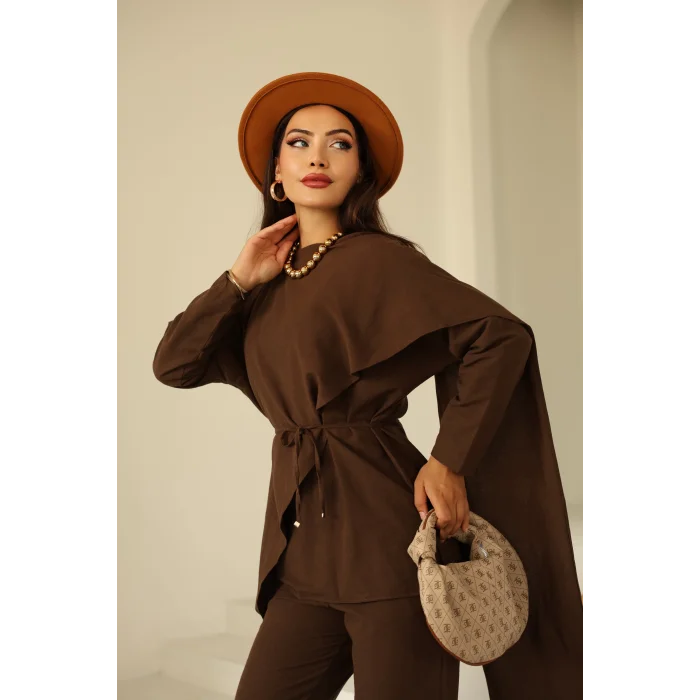 Şal Detay Pantolonlu Keten Takım Acı Kahve