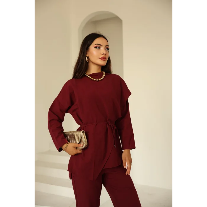 Şal Detay Pantolonlu Keten Takım Bordo