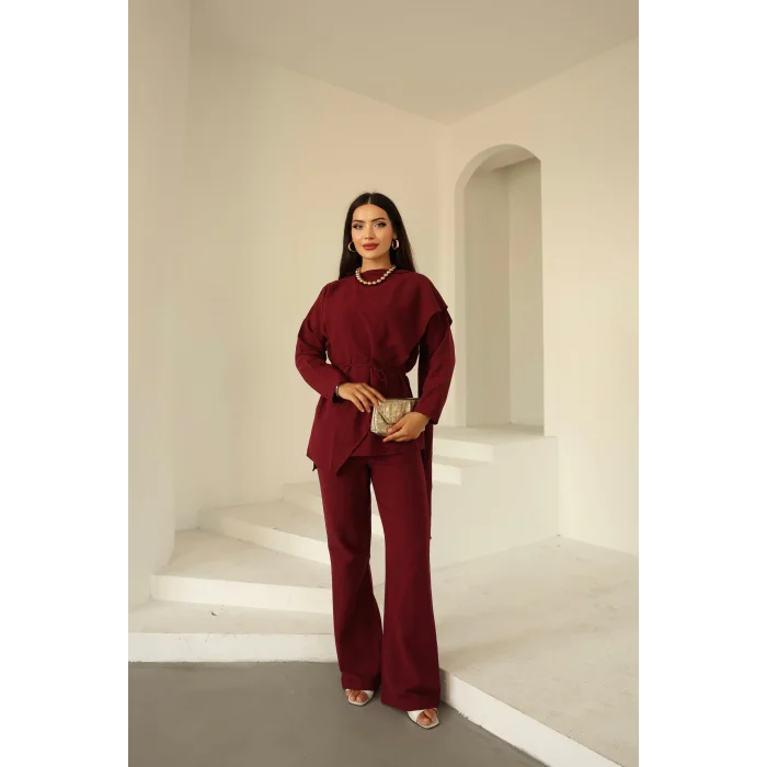 Şal Detay Pantolonlu Keten Takım Bordo