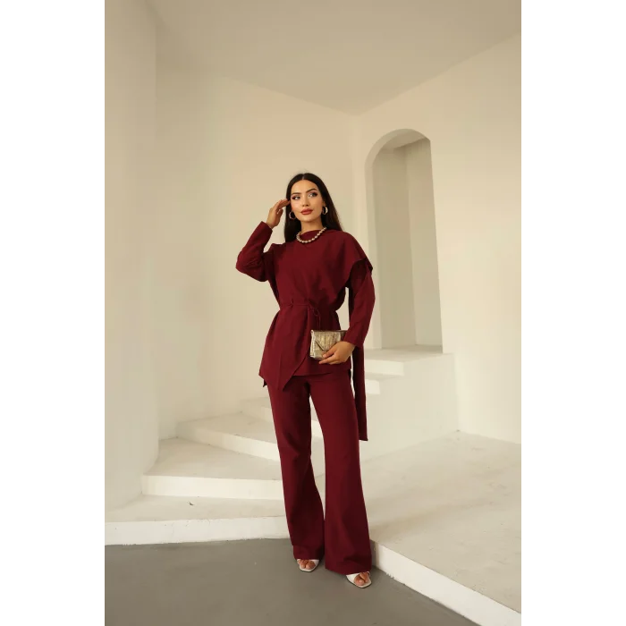 Şal Detay Pantolonlu Keten Takım Bordo