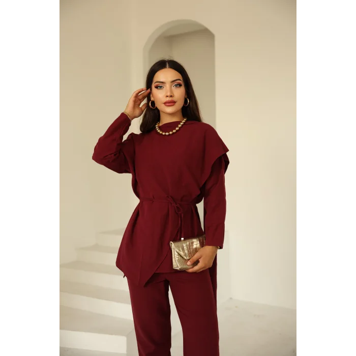 Şal Detay Pantolonlu Keten Takım Bordo