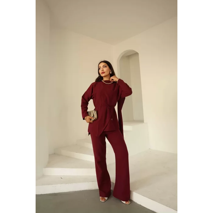 Şal Detay Pantolonlu Keten Takım Bordo
