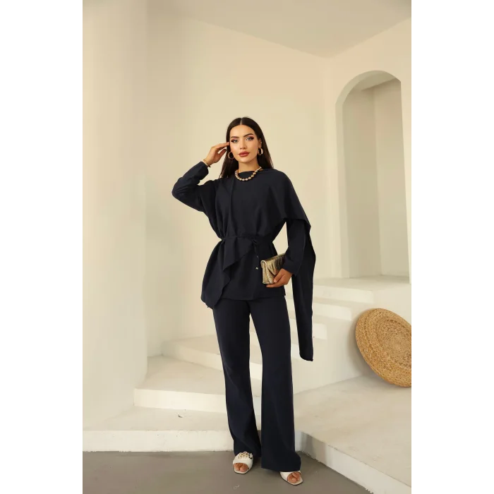 Şal Detay Pantolonlu Keten Takım Lacivert