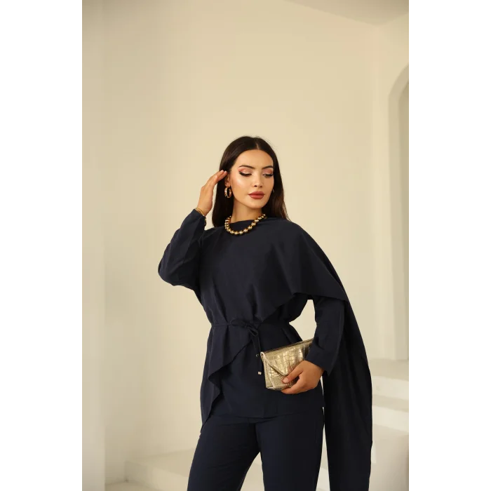 Şal Detay Pantolonlu Keten Takım Lacivert