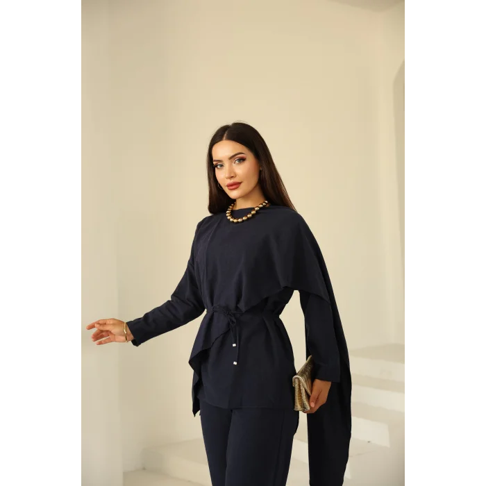Şal Detay Pantolonlu Keten Takım Lacivert