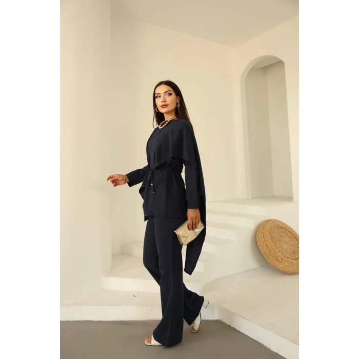Şal Detay Pantolonlu Keten Takım Lacivert